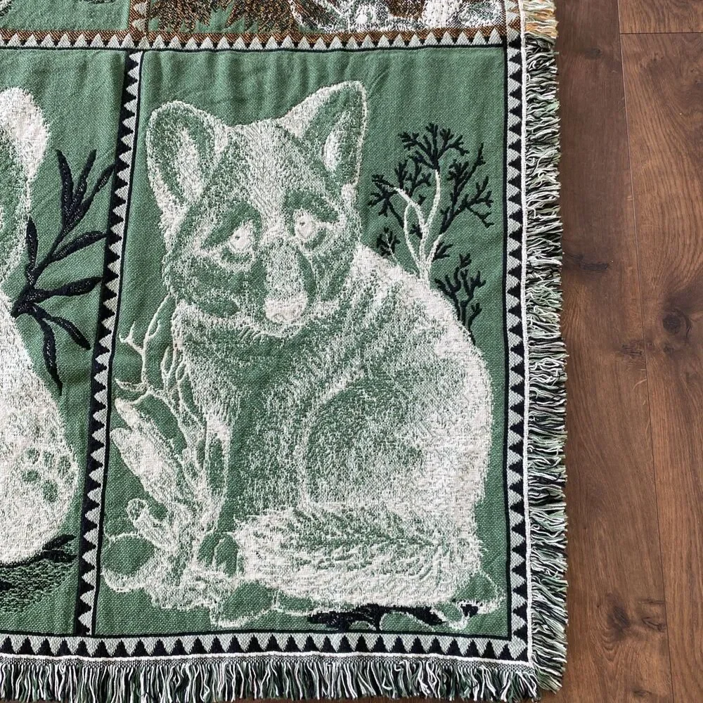 Vintage Rug Barn Natures Endangered Cotton Blanket Baby Panda Fox Lion